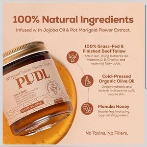 All Natural PUDL Whipped Beef Tallow Honey Cream — Unscented Cream 4fl.oz. NWT